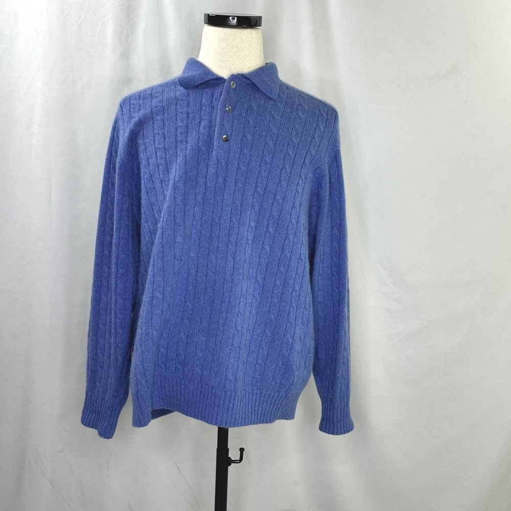 Davis & Squire Men's Large Cashmere Polo Sweater Blue Cable Knit Luxury Classic